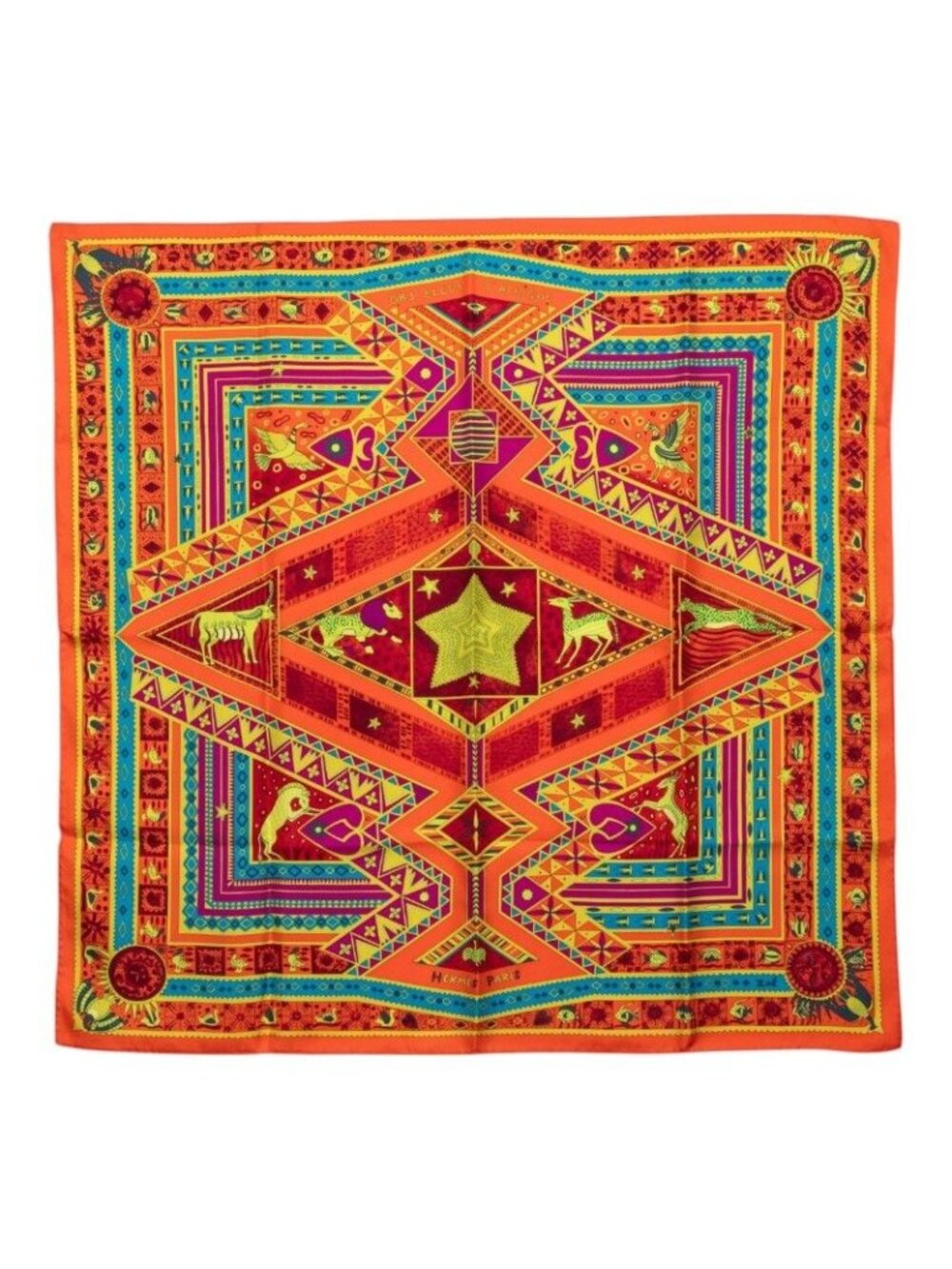 Hermes Carre 90 Ors Blus D'afrique African Blue Gold Scarf Orange Multicolor